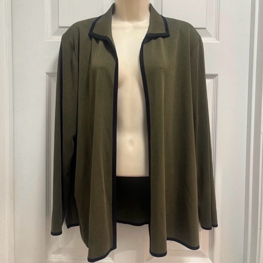 Misook Olive Green Open Cardigan with Black Trim Workwear Office - XL - EUC